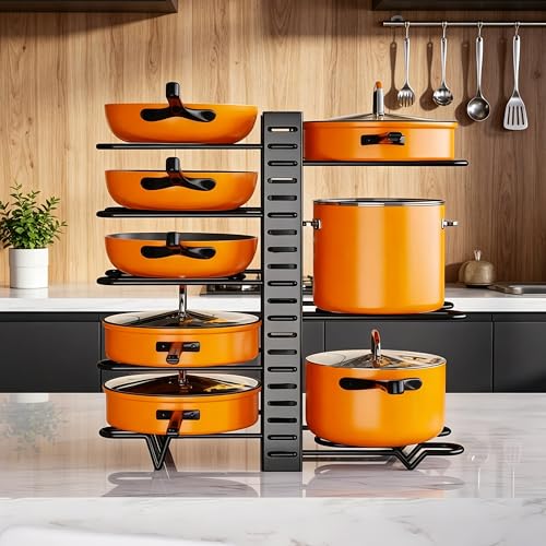 Pots and Pans Organizer Rack under Cabinet 15.7 Height, 8 Tiers Adjustable Pot Pan Rack with Adjustable Pot Rack for Frying Pan, Cast Iron Skillet, Black