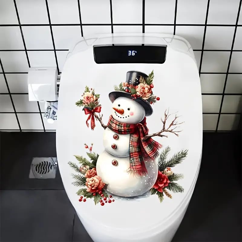 Merry Christmas Snowman Branch Snowflake Toilet Cover Sticker Decals, Tortoise Seaseed Fish Ocean Waterproof Toilet Lid Tank Seat Decals Cistern Self-Adhesive Bathroom Wall Sticker