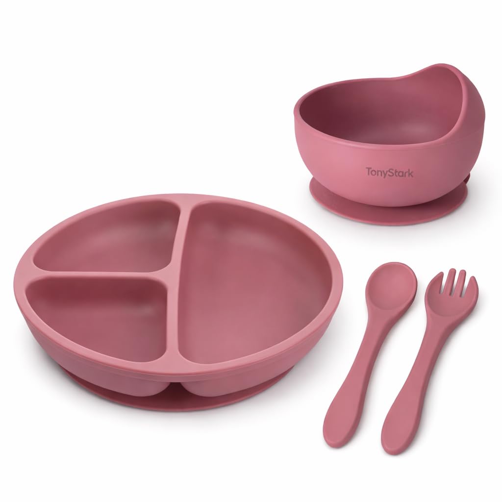 Tony Stark Baby Feeding Set, Silicone Tableware Kit for Baby, Bowl, Fork, Spoon & Suction Plates for Baby (Dusty Pink)