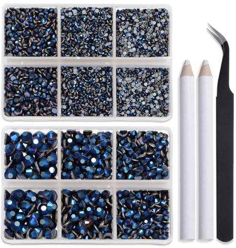 Image of Bymitel Hotfix Crystal Rhinestones Round Gems for Crafts,Mixed 6 Sizes with Wax Pencil Kit, Mine Blue 1.6-6.3mm SS4-SS30 /8000pcs