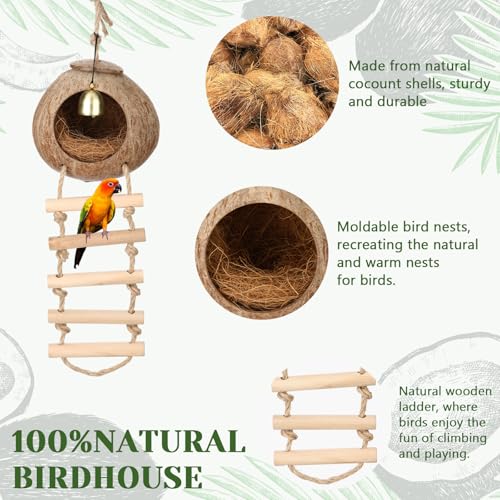 Image of Briwooody Coconut Shell Bird Nest House Breeding Bed Nestingand Anti-Pecking Bite with Natural Coir Fiber Bird Nest Toy Bell for Parrot Budgie Parakeet Cockatiel Conure Lovebird Canary Finch(Classic)