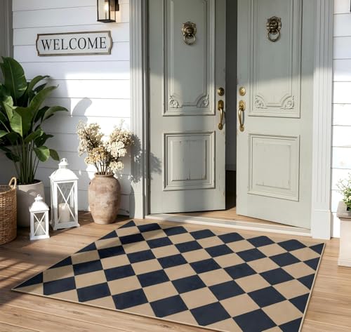 Lahome Colette Checkered Easy Jute 3x5 Outdoor Patio Rug, Washable Rugs for Entryway Diamond Indoor Outdoor Living Room Carpet, Farmhouse Neutral Non Slip Black Door Carpet for Backyard Bedroom