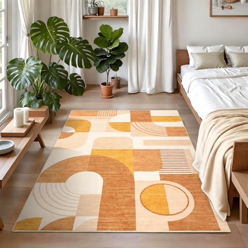 3x5 Washable Rug for Bedroom, Boho Geometric Small Area Rugs for Living Room Entryway Soft Low Pile Non-Slip Indoor Rug for Playroom Dorm Girls, Orange Multi, 3'x5'