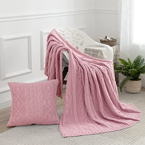 Milvowoc Pink Cable Knit Throw Blanket And Pillow Covers Set, 50" X 60" Knitted Throw Blanket & 2 Pieces 18" X 18" Pillowcases, Decorative Cozy Soft Throw Blanket For Sofa Couch Bed #TOP1