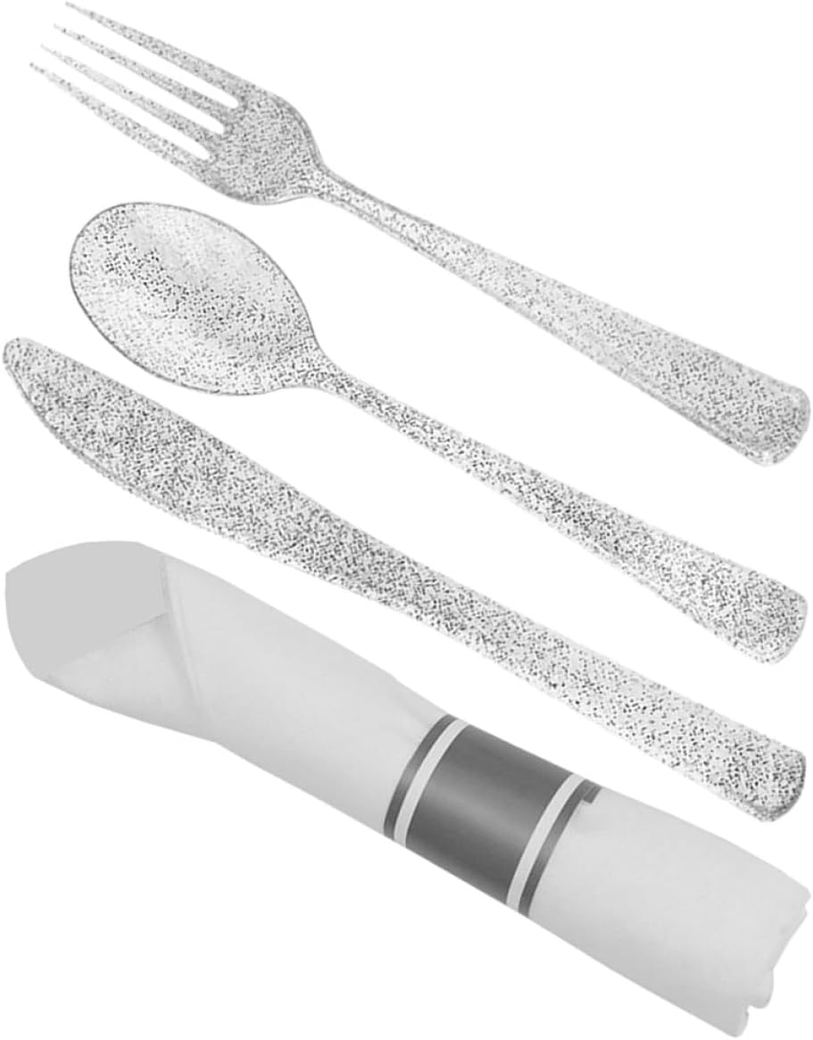 Disposable Cutlery Set with Fork Spoon Napkin, Silver Plastic Food-grade Cutlery Kit for Parties and Household Use, Dinnerware Essentials