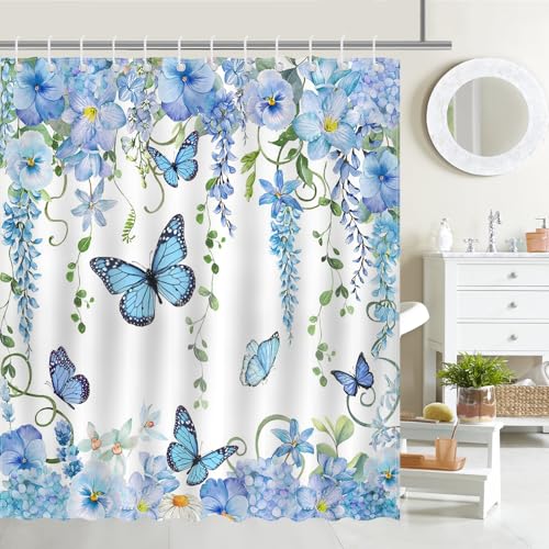 Mocsicka Blue Butterfly Shower Curtain Spring Blue Floral Butterfly Bathroom Shower Curtain Nature Garden Plant Waterproof Fabric Shower Curtain Bathtub Decor with 12 Hooks 72 X 72 InchesBlue