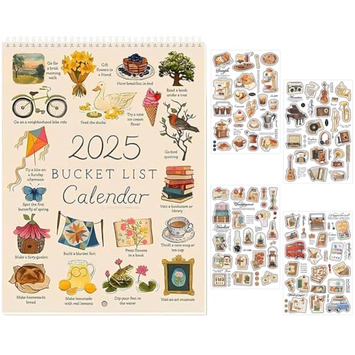 2025 Bucket List Calendar,Family Organiser Calendar List Of Planning To Do Bucket List Wall Calendars 2025 With 4 Sheets Vintage Scrapbooking Stickers Pack Wall Calendar For Planning Or Organizing