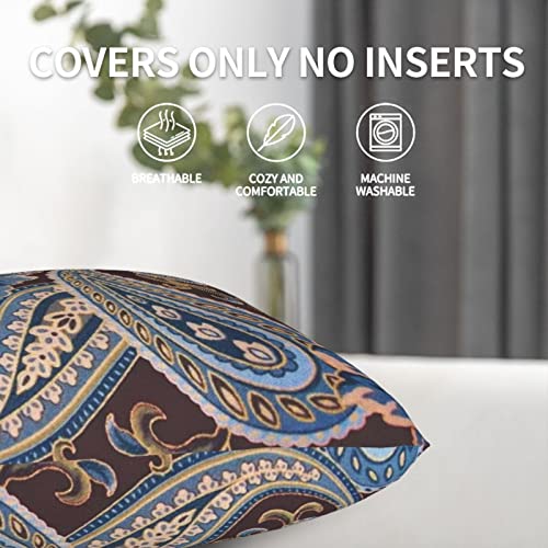 Mahito Set Of 2 Throw Pillow Covers Blue Floral Brown Spirals Vintage Paisley Case Soft Velvet Decorative Home Decor Living Room Cushion Cover For Bed Couch Car 18X18 Inch (13652) #TOP1
