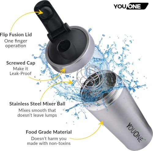 Image of YOUONE Stainless Steel Shaker Bottles For Gym - 100% Leakproof Guarantee, Ideal For Protein, Pre Workout, Bcaas & Water Bpa Free Material