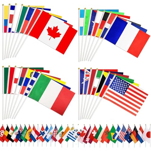 Drapeaux de Coupe du Monde de Football 2026, Mini Drapeaux du Monde avec Bâtons 48 Pays, 14x21cm, Déco pour Matchs, Supporters, Bars, Fêtes, Écoles, Événements Sportifs