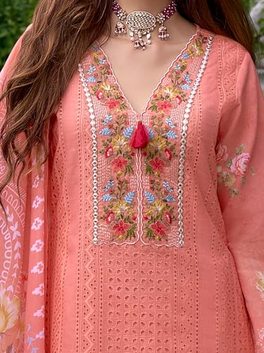 Image of INDO ERA Women's Straight Pure Cotton Floral Embroidered Kurta & Pant with Dupatta Set (IEOUT10718)