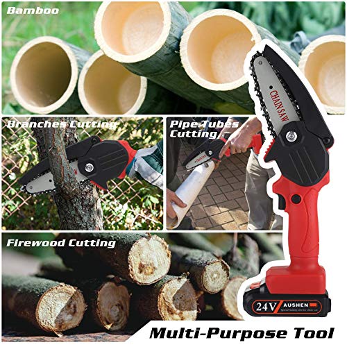 Mini Chainsaw, AUSHEN 4-Inch Cordless Battery Operated Chainsaw Portable Chain Saw, One-Hand Operation Pruning Shears Chainsaw for Tree Branch Trimming Wood Cutting Gardening (2 Batteries and 2 Chain)