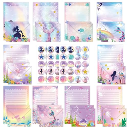 JasCherry 160 Stück Briefpapier mit Umschlag Set 50 A5 Briefpapier(10 Designs) mit 50 Briefumschläge Ideal als Einladungskarten Glückwunschkarte für Mädchen und Kinder Meerjungfrau