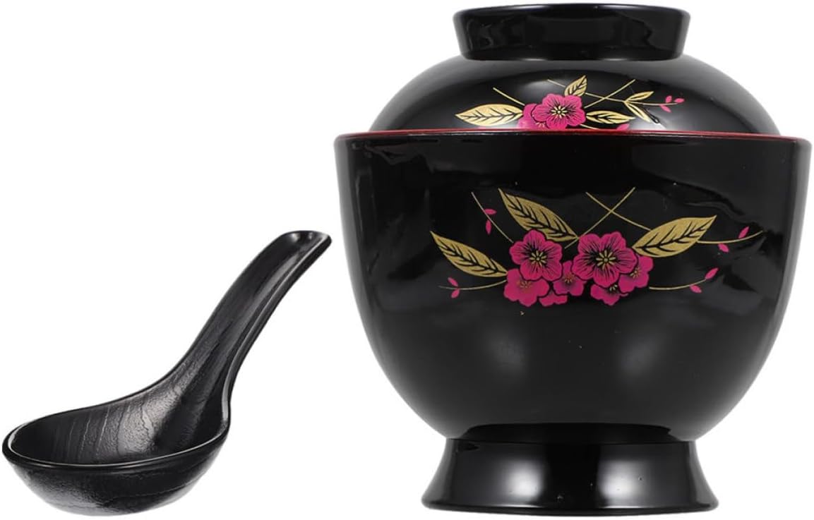 Cabilock Japanese Ramen Bowl with Spoon and Lid, Black Plastic Soup Bowl