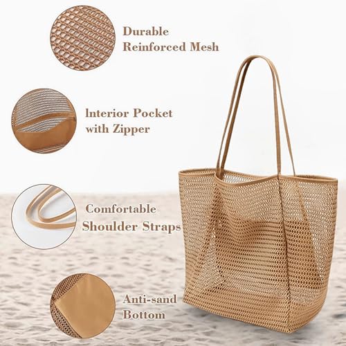 Large Beach Bags for Women, Mesh Beach Tote with Zipper, Foldable Pool Tote Bag Travel Beachbag Waterproof Sandproof2