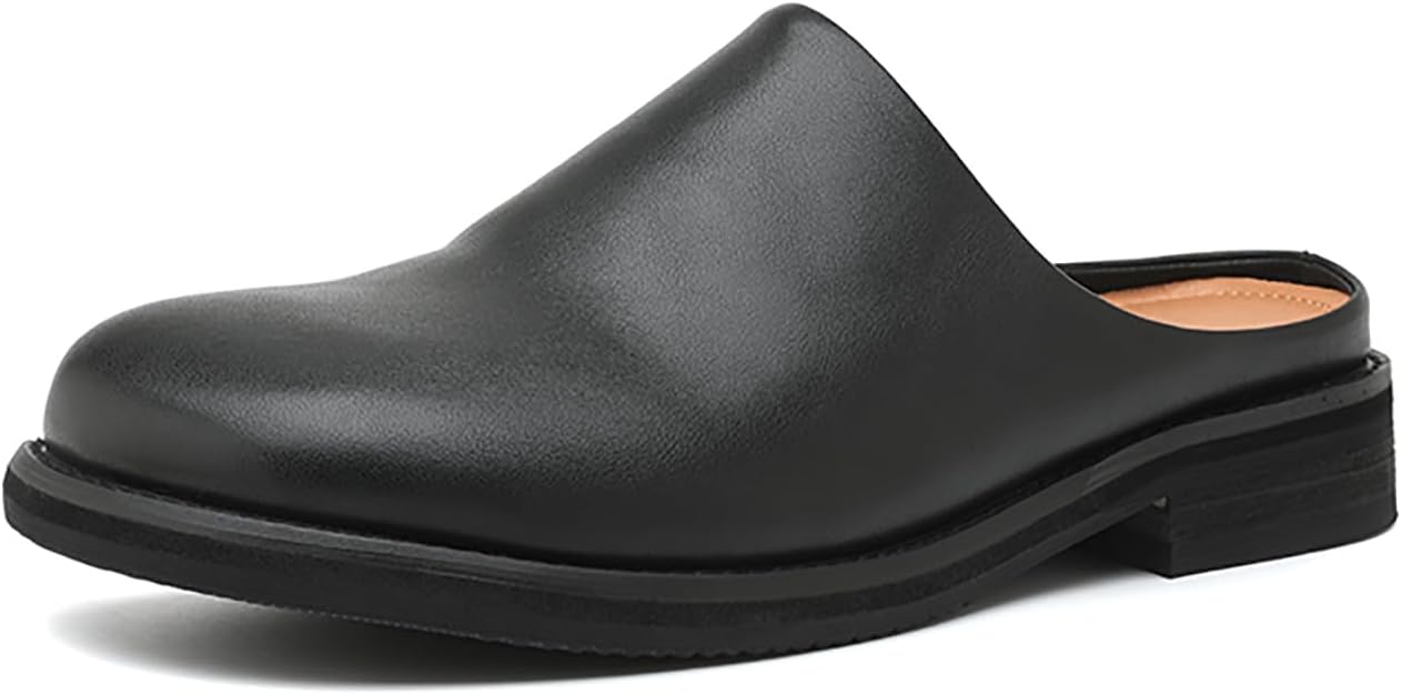 Men's Leather Mules Slippers Round Toe Low Heel Slip-On Loafers Comfortable Breathable Backless Soft Sole Casual Shoes