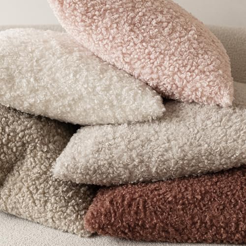 Image of Foindtower Set of 2 Curly Teddy Wool Pillow Covers Decorative Boucle Textured Lumbar Throw Pillow Faux Fur Sherpa Pillowcases Sheepskin Fuzzy Cushion Case for Sofa Bedroom Car 12 inchx20 inch Light Pink