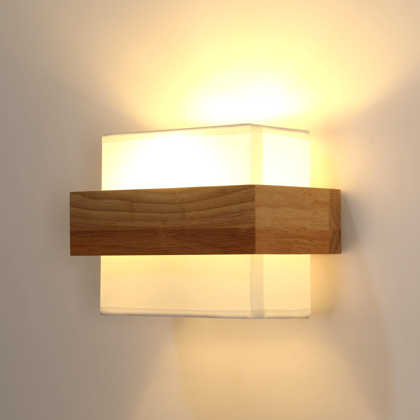 Riserva Wandleuchte Innen Holz E27, Quadratisch, Stoff Lampenschirm