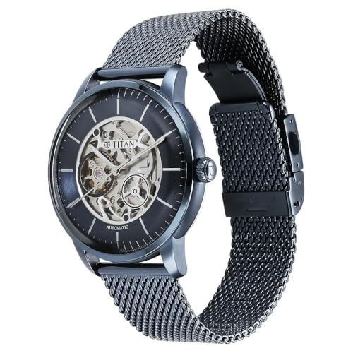 Image of Titan Mechanical Skeleton Automatic Midnight Blue Dial Metallic Blue Stainless Steel Strap Watch for Men - NT90110QM01