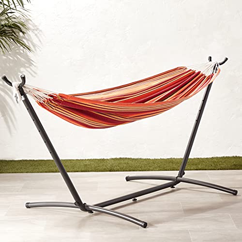 Image of Amazon Basics Double Hammock with 9-Foot Space Saving Steel Stand and Carrying Case, 2 Person, 450 lb Capacity, Sunset Orange Stripe, 110 inch x 47 inch x 43 inch, Outdoor