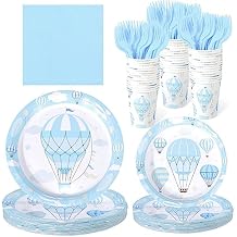 Zubebe 120 Pcs Hot Air Balloon Party Supplies Set for 24 Guests, Hot Air Balloon Paper Plates 7 and 9 Inch, Cups, Forks, Paper Napkins, Disposable Dinnerware for Party DecorationsBlue,Cool Style