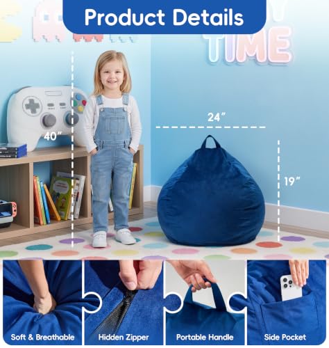Image of Hobestluk Small Bean Bag Chairs 2FT BeanBag Chair Comfy Fun Velvet Fabric | Memory Foam,Washable Cover,Storage Pocket,No Dangling Feet Design,Quality-Crafted for Little Ones Relaxing Gaming | Blue 2FT