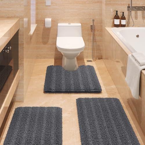 ACCUMTEK Striped Grey Bathroom Rug Set 3 Pieces Gray Ultra Soft, ...
