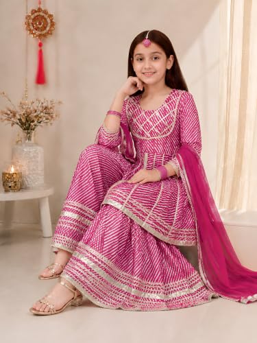 Image of Preneum Girl's Cotton Rayon Bandhani & Lahariya Printed Angrakha Kurta with Sharara & Dupatta