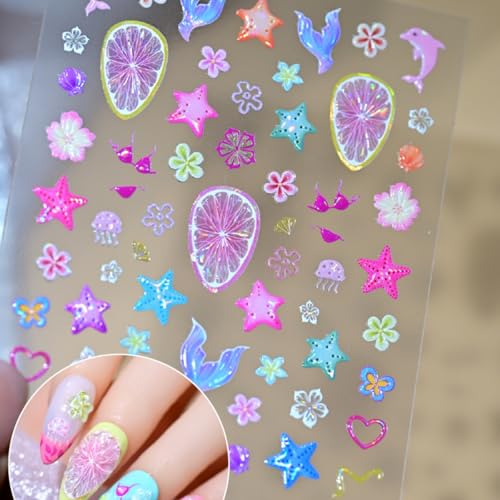 Image of Beach Nail Stickers Starfish Nail Art Stickers Lemon Flower with Design 5D Embossed Nails Decals Self Adhesive Nails Charms Supplies for Women DIY Decoration Accessories