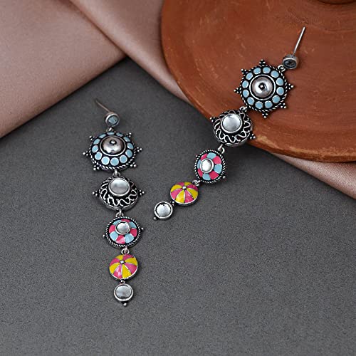 Image of Voylla Folklore Circles Long Drop Enamelled Danglers Earrings For Women Oxidised Ethnic Statement Earrings Festive Wedding Party Traditional Jewellery Gift For Women