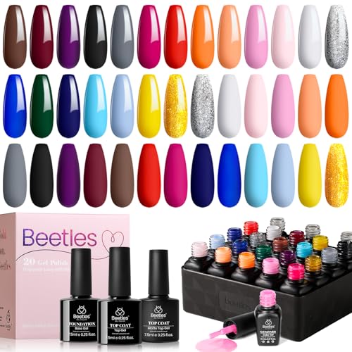 Beetles 20 Pcs Gel Nail Polish Kit - Soak Off LED Lamp Gel Polish Set Black White Glitter Nail Gel Polish With No Wipe Base and Top Coat for Nail Art Salon Starter Manicure Kit