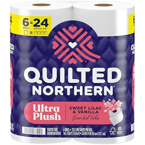 Quilted Northern Ultra Plush Toilet Paper with Sweet Lilac & Vanilla Scented Tube, 6 Mega Rolls = 24 Regular Rolls, 3 Ply Soft Toilet Tissue Cover