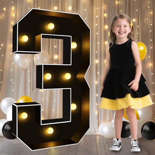 Image of Pooqla 3FT Marquee Light Up Numbers 3 for 3rd 30th Birthday Decorations | Black LED Marquee Numbers Party Backdrop, 3 Feet Large Mosaic Numbers 3th 13th 30th Anniversary Birthday Gift for Boys Men