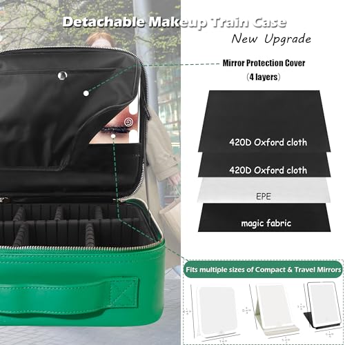 Image of MOMIRA Travel Makeup Bag Cosmetic Bag Makeup Organizer Bag with Lighted Mirror, Adjustable Brightness in 3 Color Scenarios, Waterproof Makeup Train Case, Gift for Women - Fresh Green(Woven)