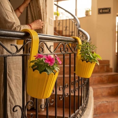 Image of Premium 6 inch Railing Planter with Hook - Durable Plastic Hanging Flower Pot for Balcony, Fence Design Gamla for Indoor /Outdoor Plants, Herbs & Creepers (3, Yellow)