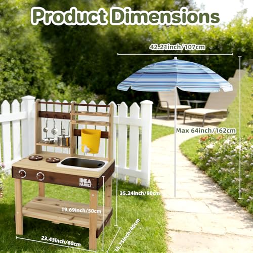 Image of Wooden Mud Kitchen, 7 in 1 Outdoor Pretend Play Kitchen with Umbrella,Removable Sink & Chalkboard, Cooking Accessories, Backyard Pretend Toy for Kids Aged 3-8