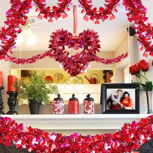 Image of 33 Feet Long Valentine's Day Tinsel Garland Red Heart Tinsel Holiday Decor for Outdoor or Indoor Use, Wedding Birthday Party Supplies Mothers Day Christmas Tree Garland Decorations
