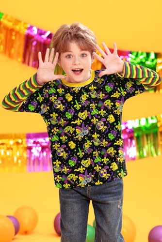 Image of Unisex Kids St Patrick's Mardi Gras Stripe Patchwork Long Sleeve Carnival Shirt 4-14 Years