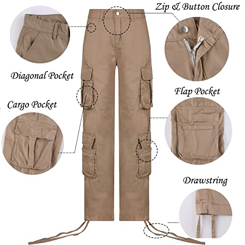 Franhais Women's Baggy Denim Pants High Waisted Y2K Wide Leg Oversized Plus Size Boyfriend Cargo Jeans Streetwear Trousers Khaki #TOP3