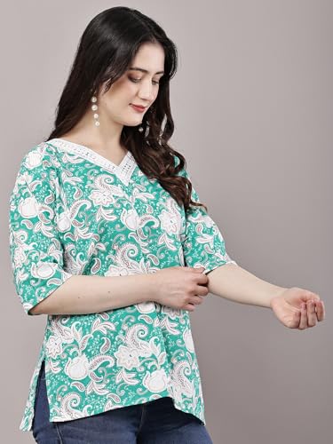 Image of Women's Red Printed Short Kurti with Lace Trim, 3 /4 Sleeves, Round Neck, Ethnic Style