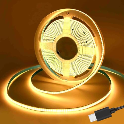 Image of USB Type-C Powered 5V COB LED Strip Light,1M /3.28Ft 320LEDs Warm White 2700K Soft Dotless Tape Light for TV /Monitor /Under Cabinet Kitchen /Wardrobe /Stairs Step Background Ambient DIY Lighting