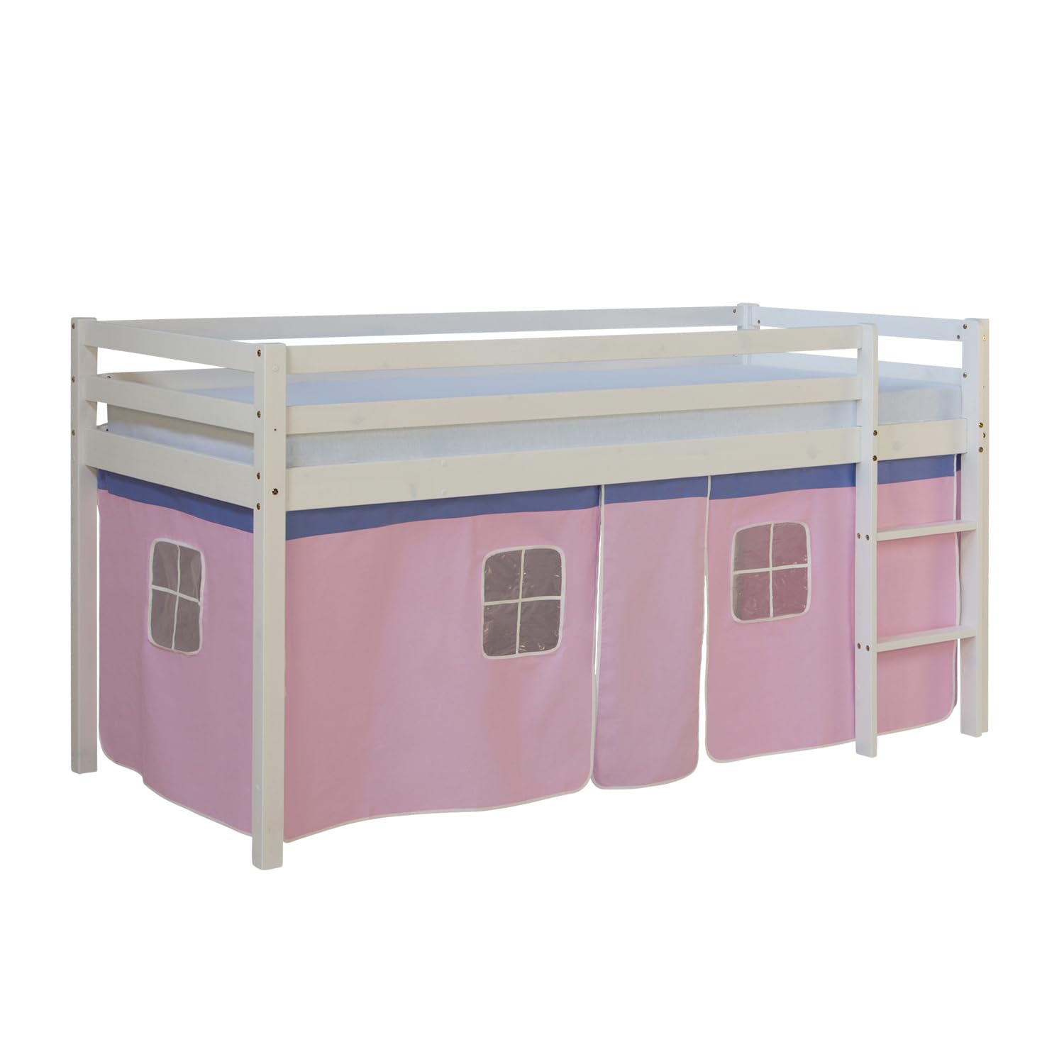 Homestyle4u Kinderhochbett 90x200 - Kiefer Weiß - Hochbett mit Rutsche | Inklusive Matratze, Lattenrost und rosa Vorhang - stabiles Massivholz - Leiter beidseitig montierbar - Bett für Kinder