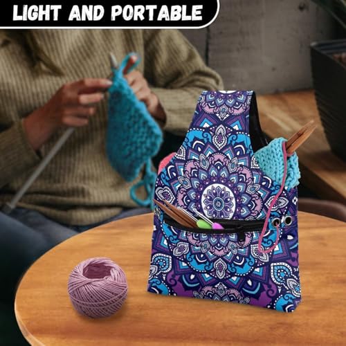 Image of ZUXONGSY Mandala Yarn Bags for Knitting Retro Floral Yarn Tote Bag for Women Floral Portable Knitting Project HanbBag for Crochet Hooks
