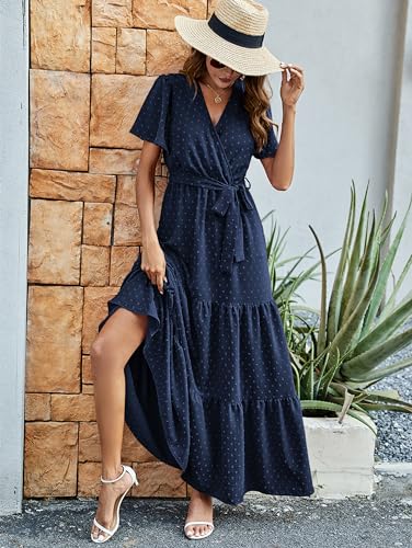 Image of MASCOMODA Women Boho Swiss Dot Maxi Dresses Wrap V Neck Flutter Short Sleeve Solid Tie Waist A Line Tiered Flowy Long Dresses