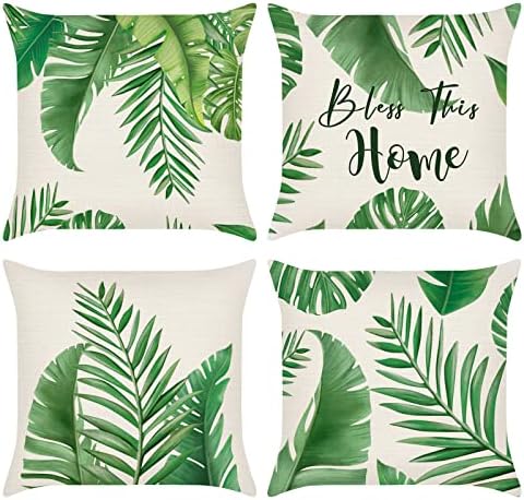 Bonhause Spring Leaves Cushion Covers 45cm x 45cm Set of 4 Green Leaf Decorative Throw Pillow Covers Polyester Linen Pillowcases for Sofa Couch Indoor Outdoor Decor