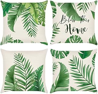 Bonhause Spring Leaves Cushion Covers 45cm x 45cm Set of 4 Green Leaf Decorative Throw Pillow Covers Polyester Linen Pillowcases for Sofa Couch Indoor Outdoor Decor