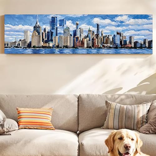 Image of New York City Skyline Stretched Canvas Wall Art Painting for Living Room, Horizontal Cityscape Canvas Wall Decor For Livingroom, Bedroom, Office, Hallway's, Hotel 12x46 Inch