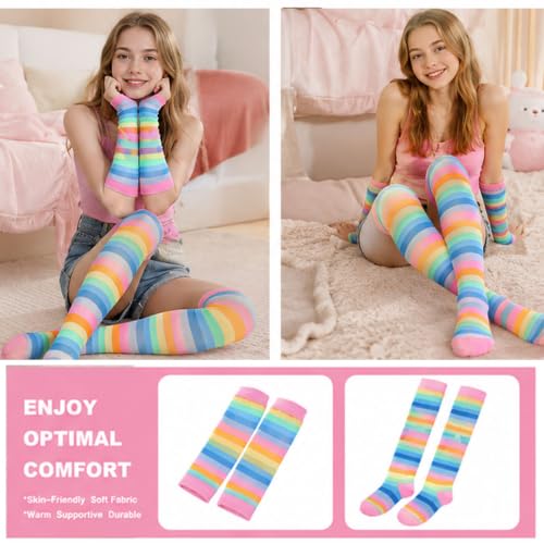 Image of Black and White Striped Arm Leg Warmers Sleeves Set Rainbow Socks Knee High Fingerless Gloves Hand Thigh Warm