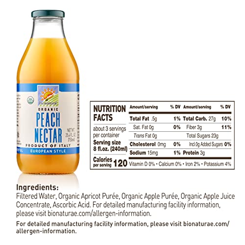 Bionaturae Organic Peach Nectar - Peach Juice, Peach Nectar Juice, Non-Gmo, Usda Certified, No Sugar Added, No Preservatives, Organic Peach Nectar, Made In Italy - 25.4 Oz, 6 Pack #TOP1