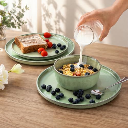 Image of GBHOME 24 Pieces Double Bowls Dinnerware Sets for 6, Stoneware Plates and Bowls Set with Reactive Glaze, Scratch Resistant Stoneware Dishes Set, Dishwasher & Microwave Safe